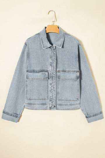 Blue Zip Up Washed Denim Jacket - Outerwear/Denim jackets