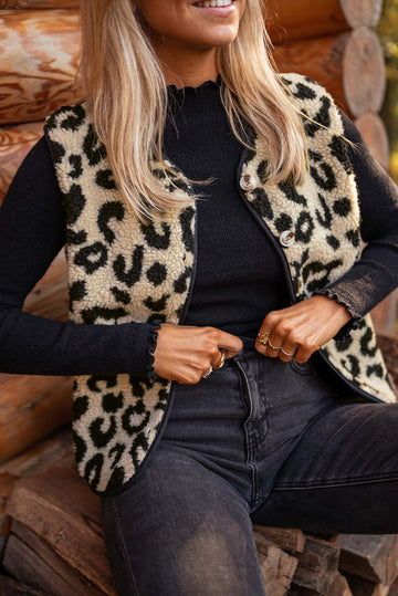 Leopard Print Sherpa Vest Coat – Black