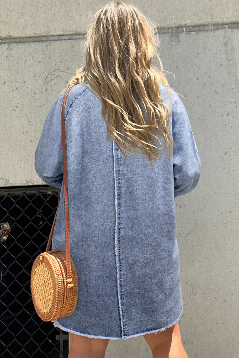 Beau Blue Mineral Wash Long Sleeve Button Up Raw Hem Pocketed Denim Dress eAura