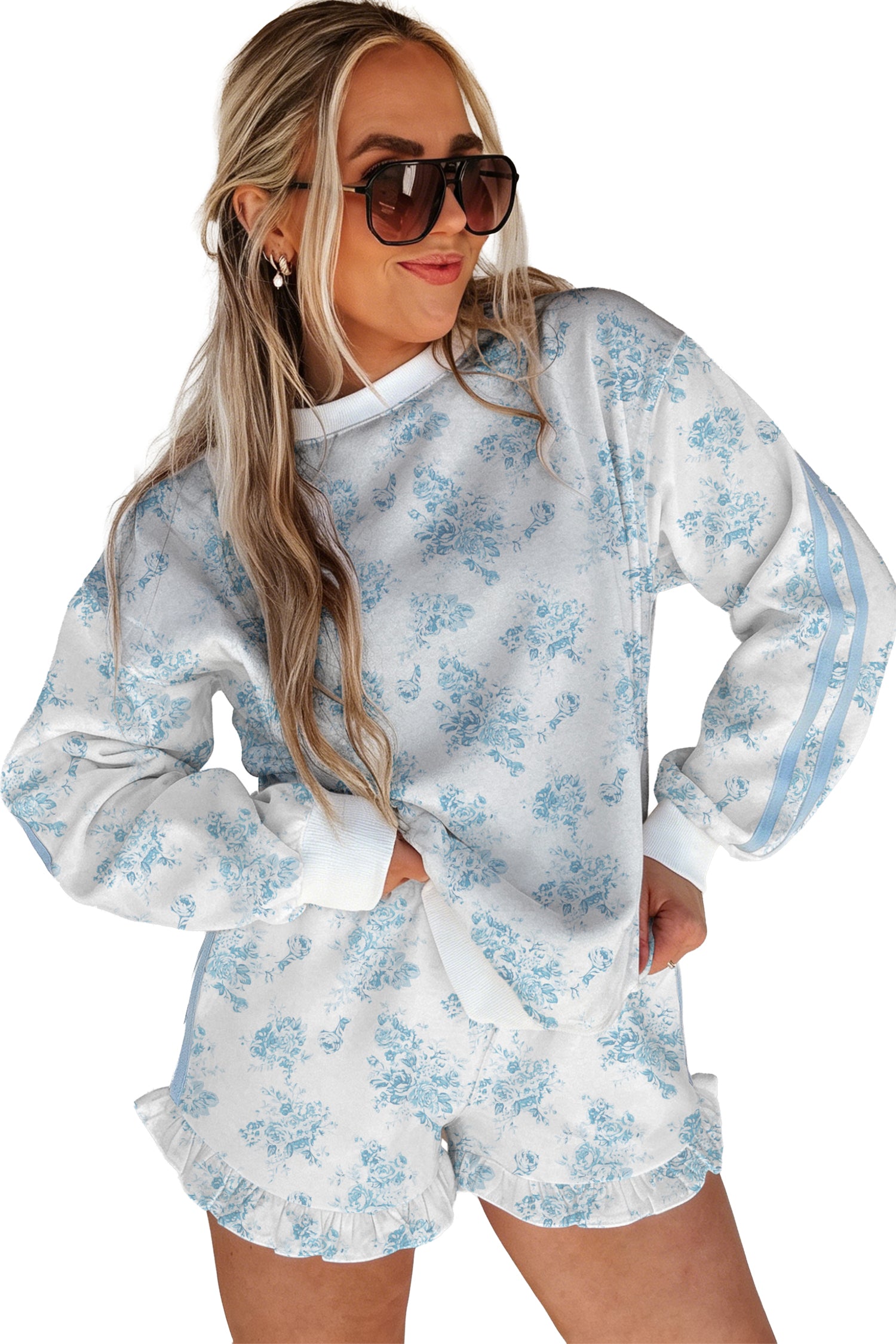 Sky Blue Floral Print Striped Detail Long Sleeve Top Ruffle Hem Shorts 2pcs Set – Light Blue