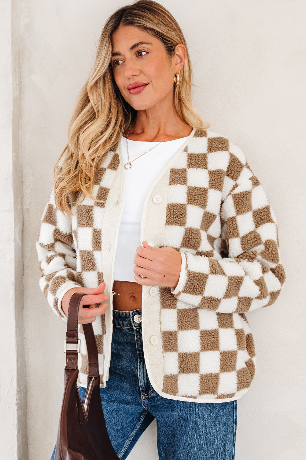 Brown Checkered Sherpa Buttoned Front Chunky Jacket - eAura