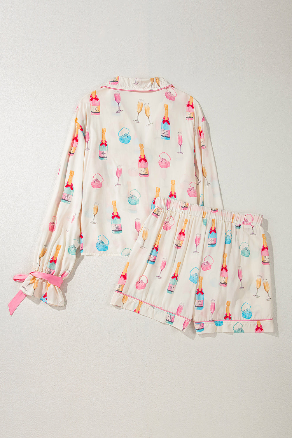 White Christmas Wine Glass Print Bow Knot Two Piece Pyjama Set - eAura