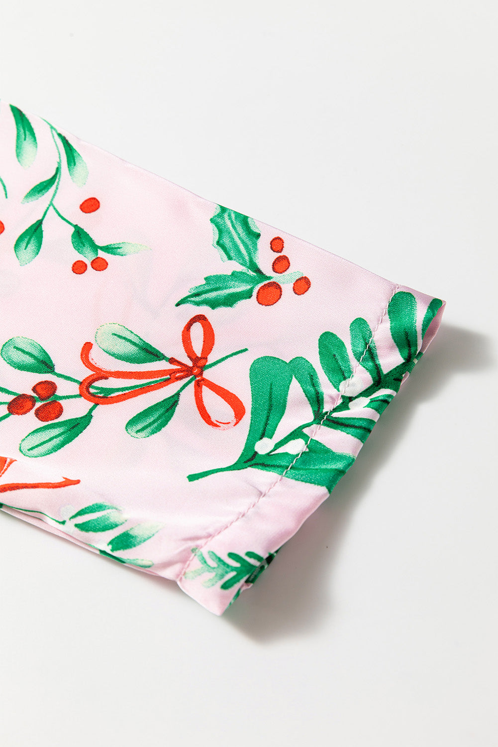 Pink Christmas Berries Print Satin Long Sleeve Pyjama Set eAura