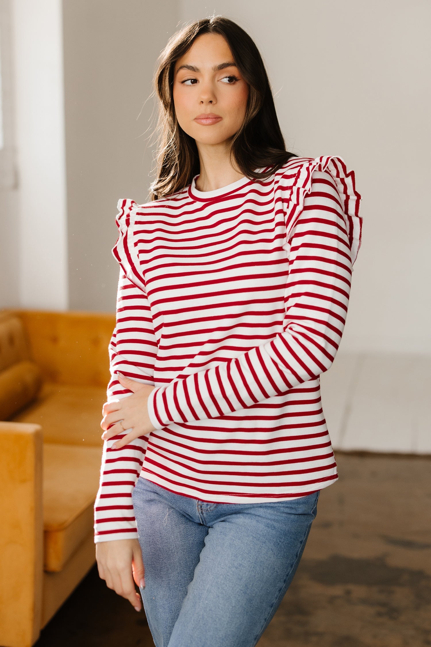 Stripe Round Neck Ruffle Trim Long Sleeve Top - Tops/Long Tops