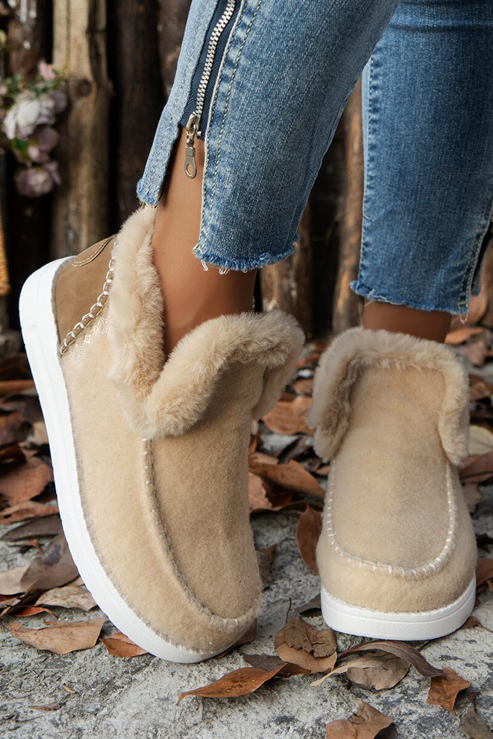 Beige Suede Stitching Patchwork Plush Lined Anklet Boots - eAura