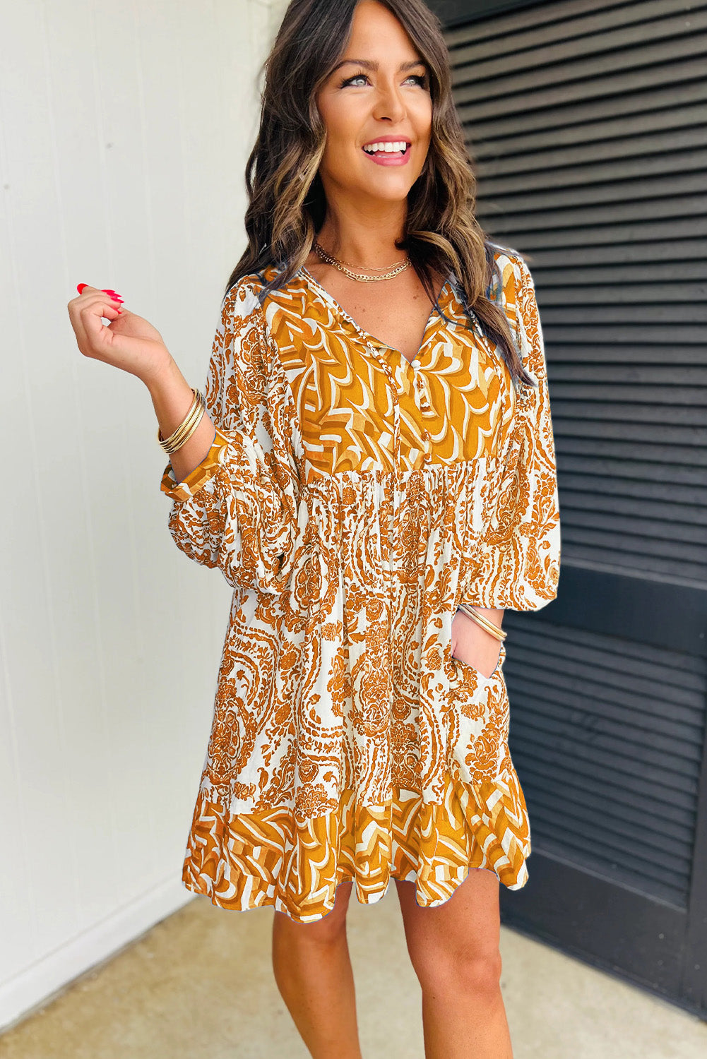 Orange Bohemian Print Puff Sleeve Tied V Neck Flared Mini Dress Beagle Boutique Fashion Outlet