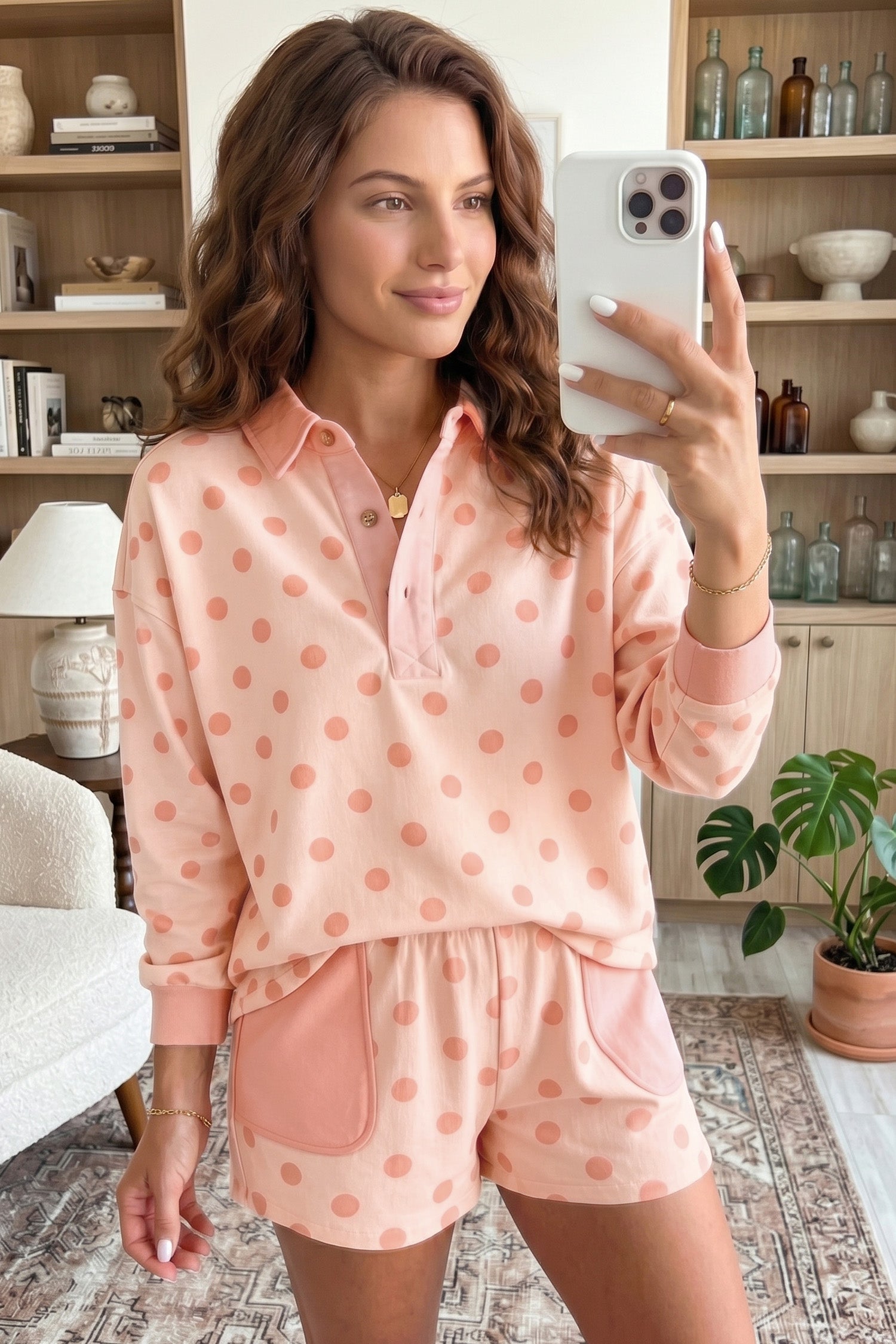 Polka Dot Drop Shoulder Polo Loose Pullover Patch Pocket Casual Shorts Set – Pink