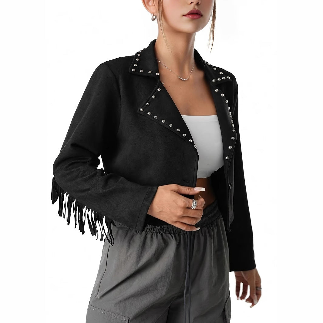 Western Denim Style Suede Fringe Imitation Rivet Women's Short Jacket Dropshipman