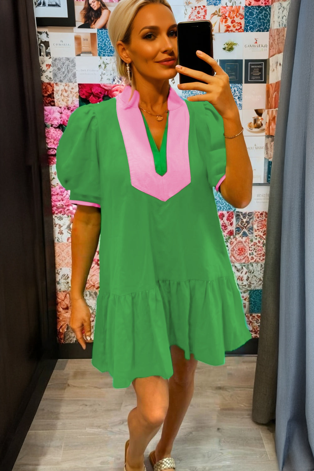 Bright Green Colour Block Detail Split Neck Short Puff Sleeve Ruffle Hem Mini Dress