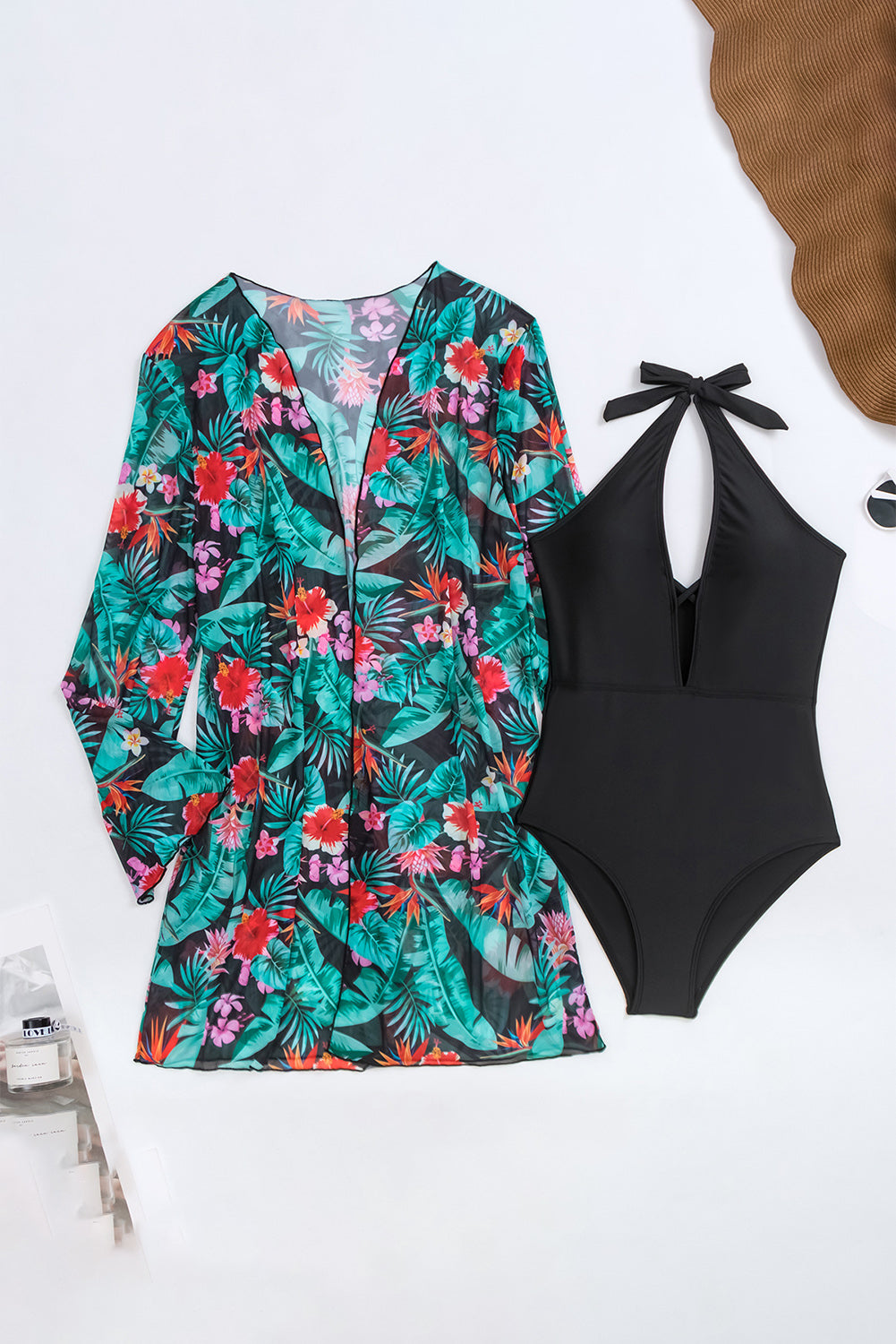 Halter Neck Keyhole Monokini with Floral Beach Cover-Up
