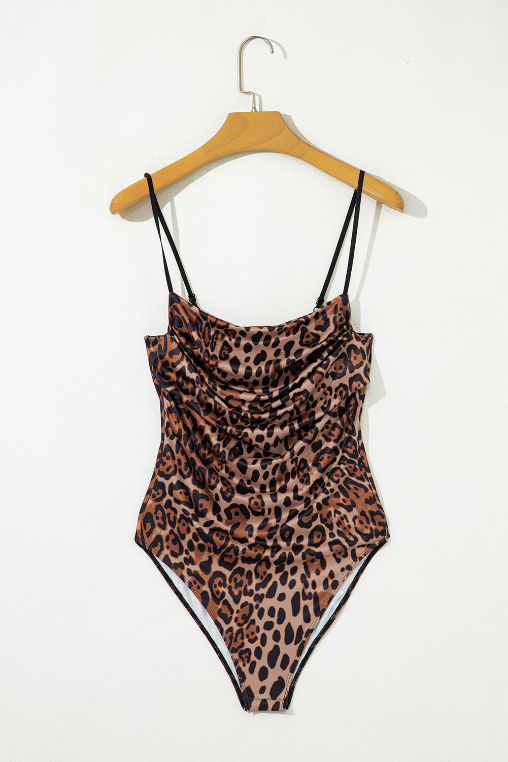 Brown Spaghetti Straps Ruched Leopard Bodysuit eAura