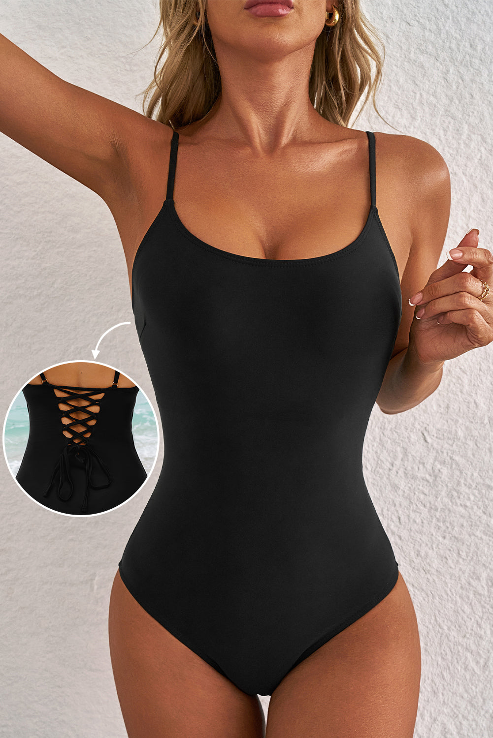 Black Thin Strap Strappy Lace-up Open Back One Piece Swimsuit eAura