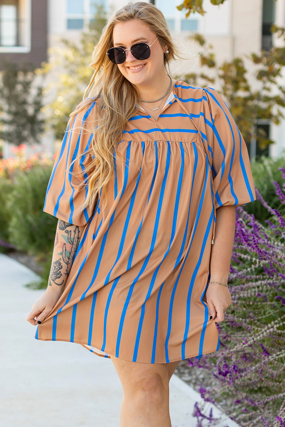 Khaki Stripe Contrast Striped Print 3/4 Sleeve Babydoll Plus Size Dress BB Fashion Outlet