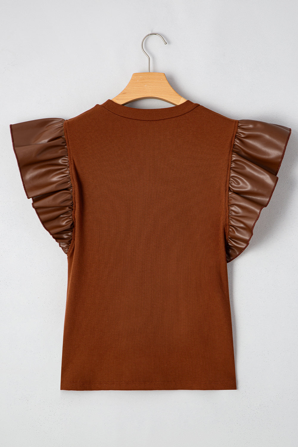 Cinnamon Leather Ruffle Sleeve Patchwork Round Neck Blouse eAura