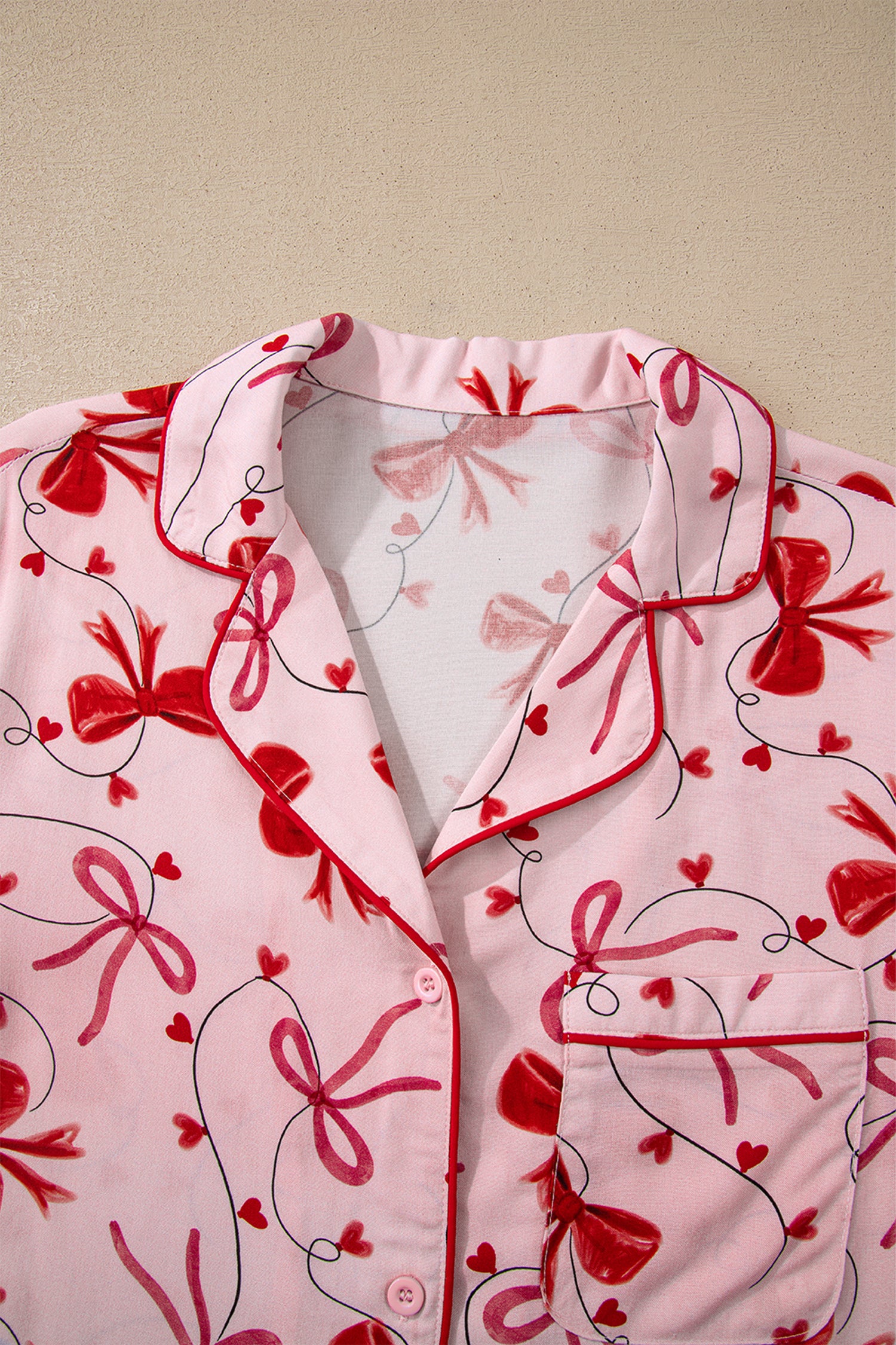 Bow Print Valentine Long Sleeve Shirt Shorts 2 Pcs Pajama Set – Red