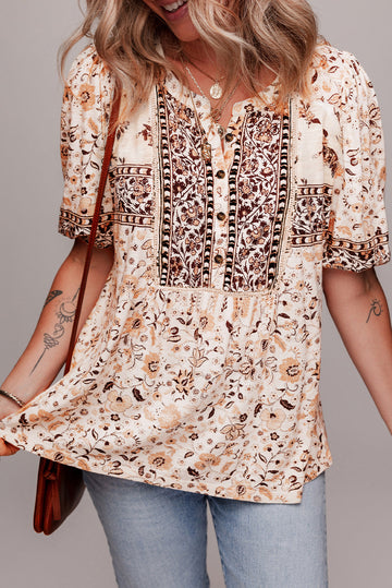 Boho Floral Print Half Placket Short Sleeve Loose Blouse eAura