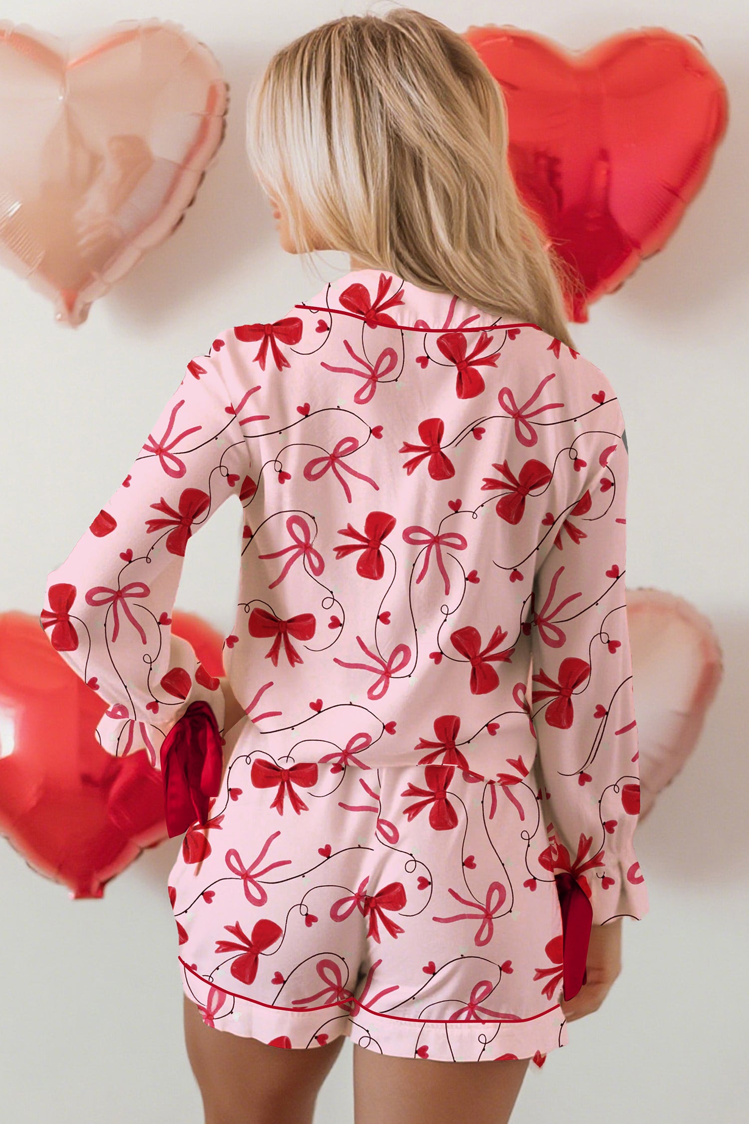 Bow Print Valentine Long Sleeve Shirt Shorts 2 Pcs Pajama Set – Red