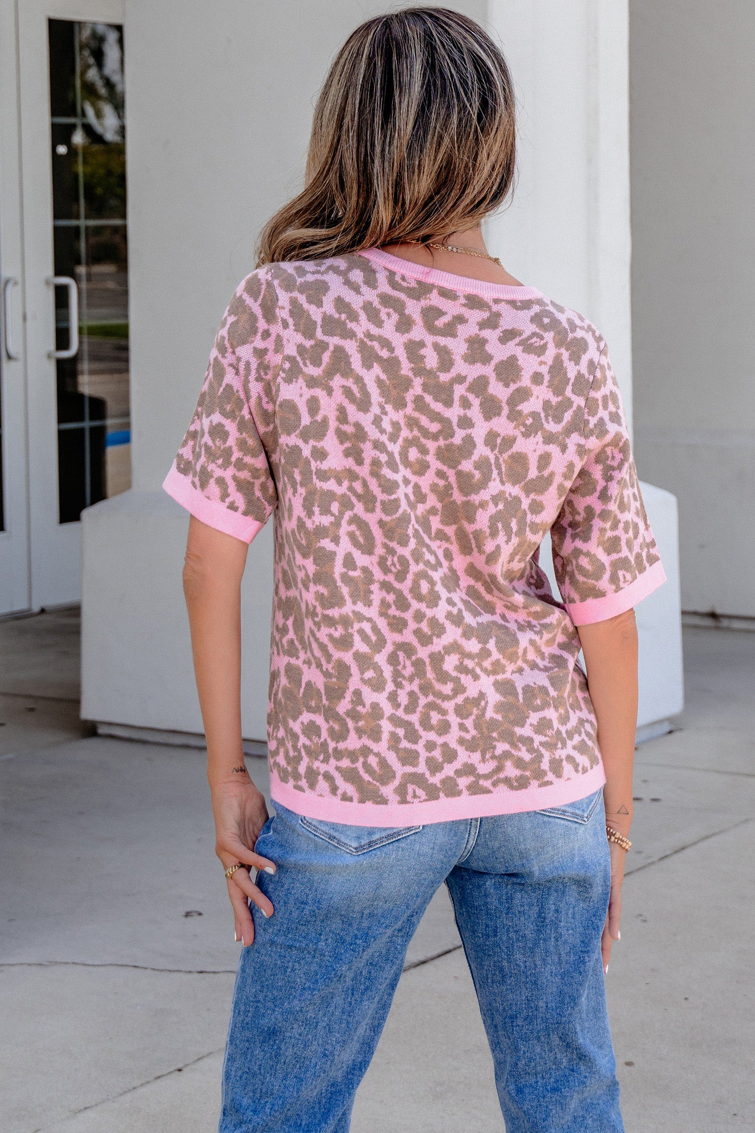 Leopard Button Down Short Sleeve Sweater Cardigan – Pink