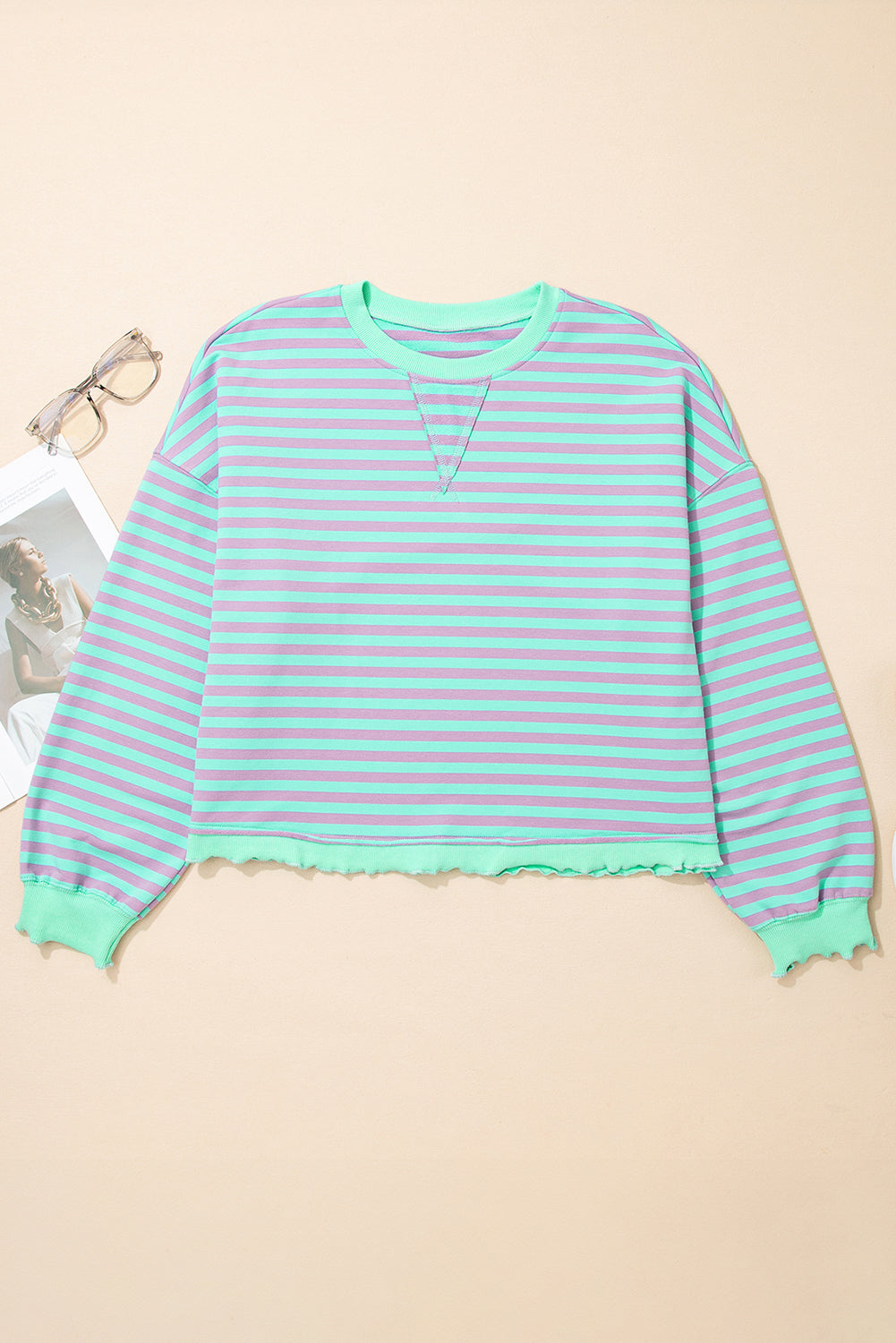 Green Stripe Exposed Seam Contrast Ribbed Trim Boxy Sweatshirt - eAura
