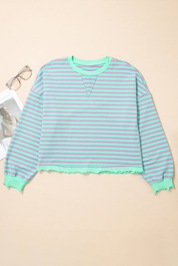 Striped Exposed Seam Contrast Ribbed Trim Boxy Sweatshirt - Green / S - Tops/Sweatshirts & Hoodies