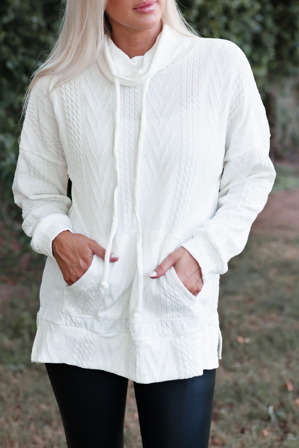 White Cowl Neck Textured Sweatshirt eAura