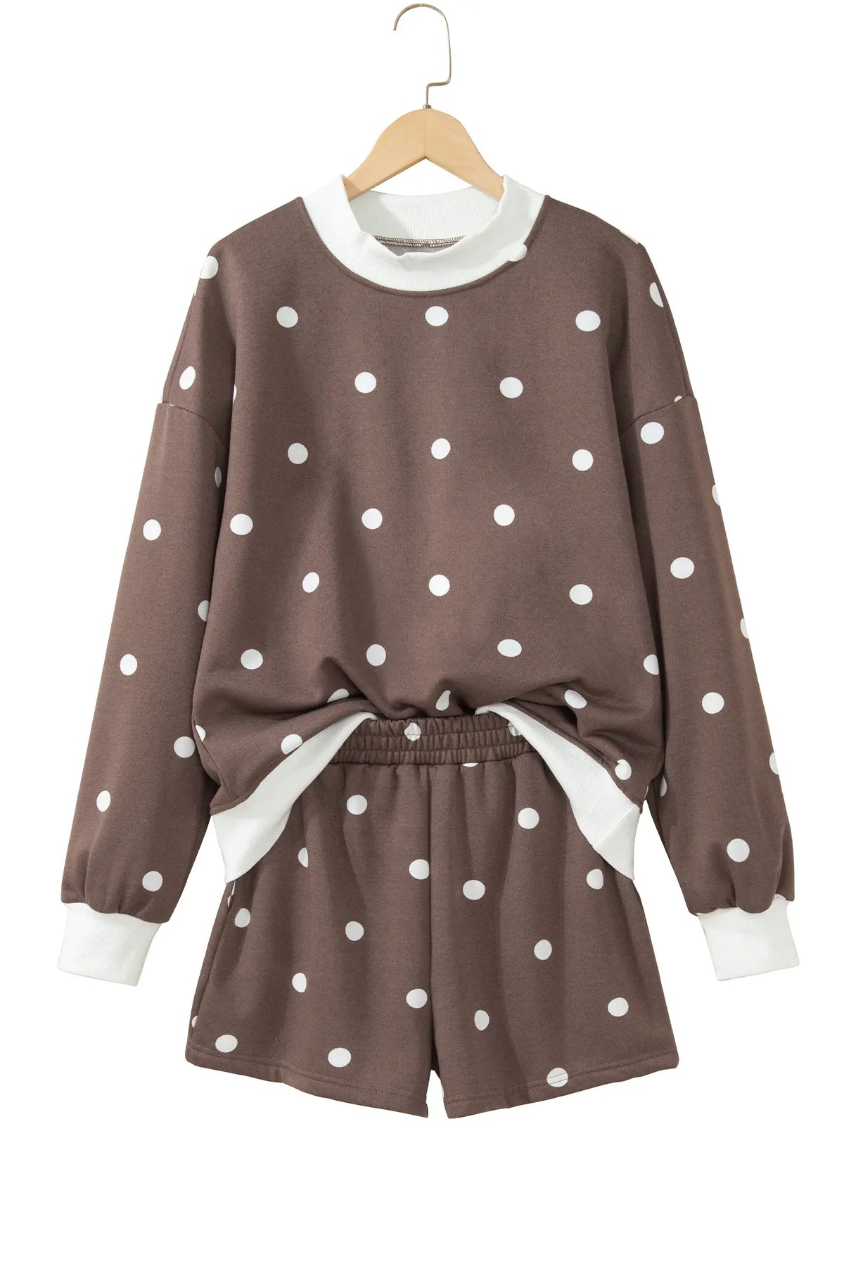 Polka Dot Ribbed Trim Long Sleeve Top Casual Short Set – Brown