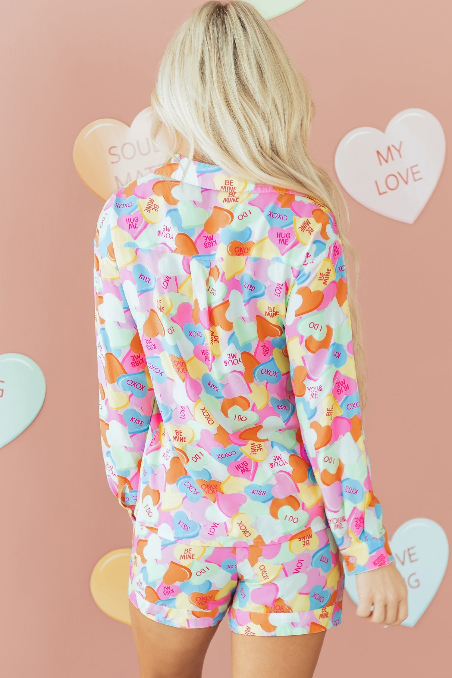 Candy Heart V-Neck Collared Tunic Shirt and Shorts Pyjama Set - eAura