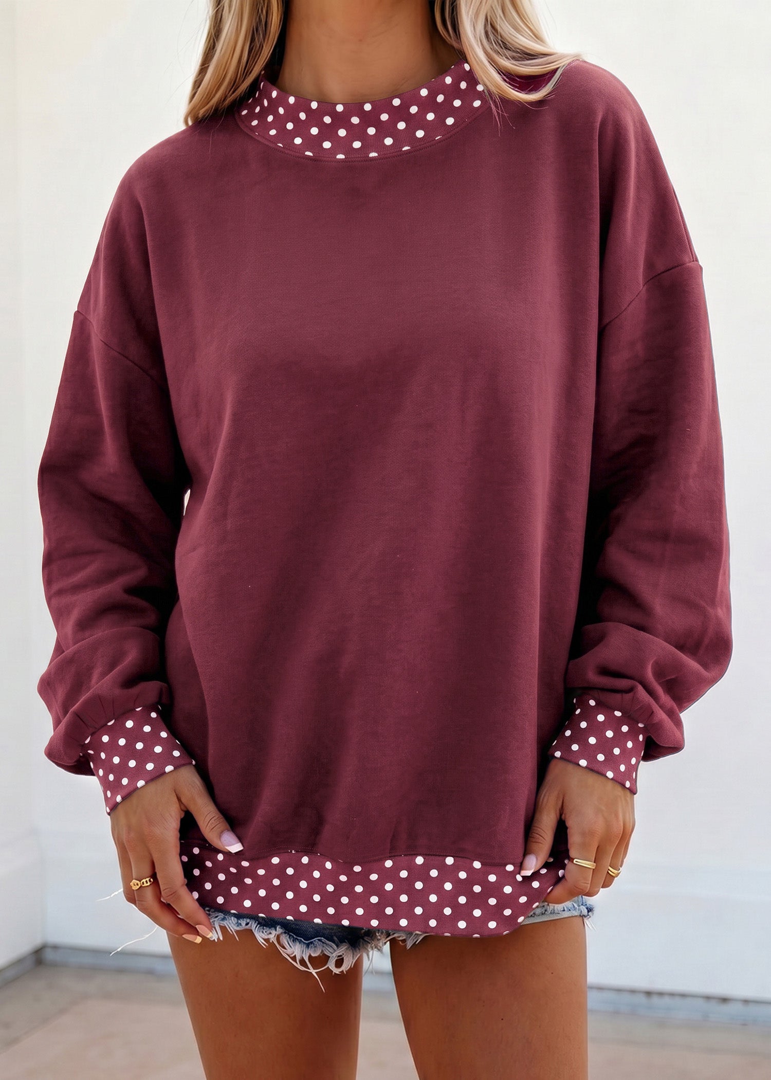 Colorblock Polka Dot Contrast Trim Oversized Sweatshirt – Red