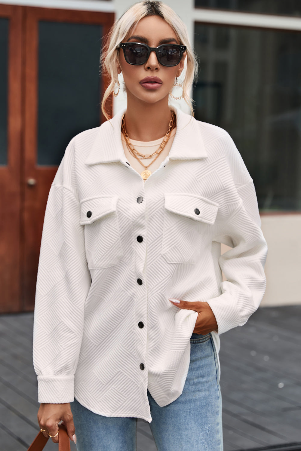 Solid Textured Flap Pocket Buttoned Shacket eAura