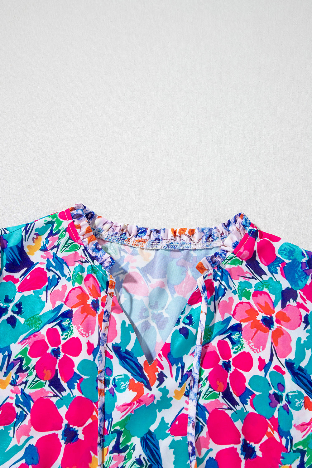 Sky Blue Mixed Floral Print Tie Split Neck Short Sleeve Dress eAura