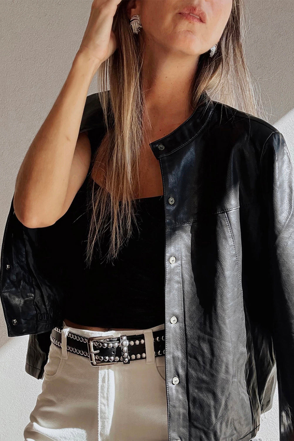 Black Faux Leather Buttoned Front Boxy Jacket eAura