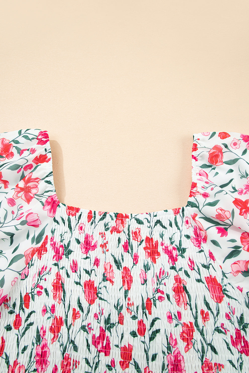 Pink Floral Puff Sleeve Square Neck Empire Waist Tiered Maxi Dress eAura