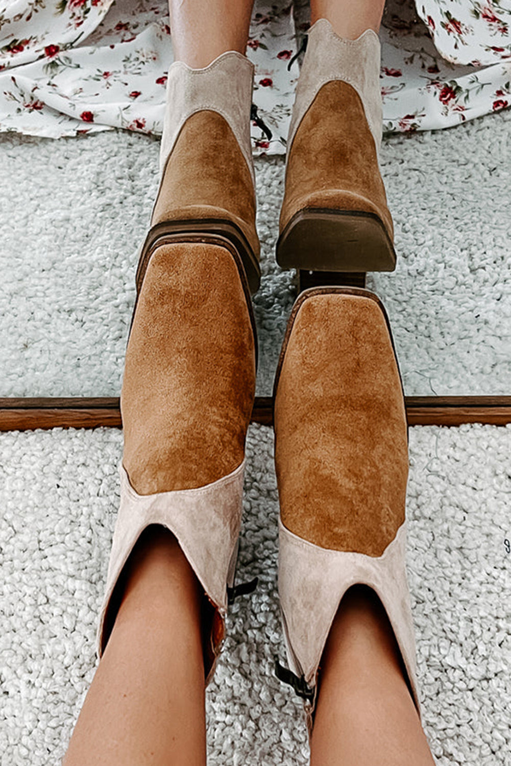 Camel Two Tone Faux Suede Square Toe Chunky Heel Boots - eAura