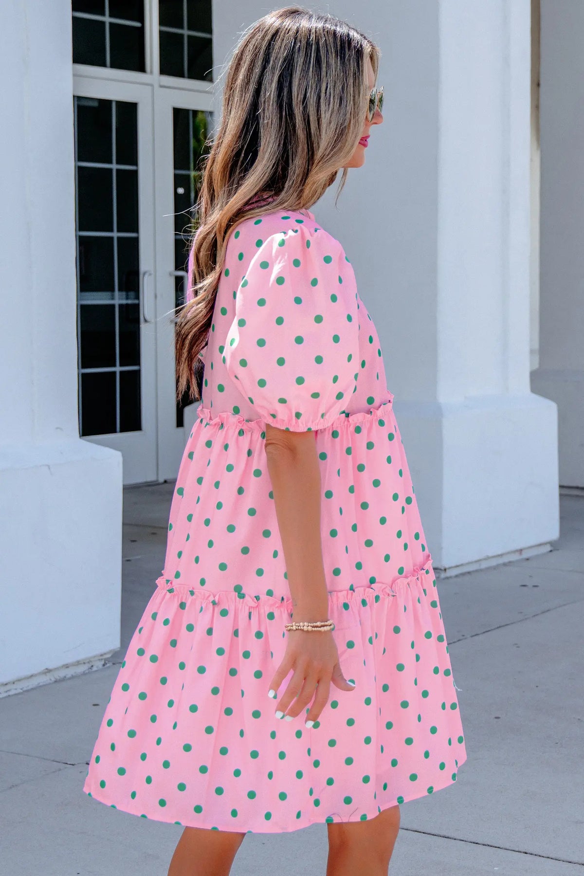 Polka Dot Print V Neck Short Sleeve Tiered Mini Dress – Pink