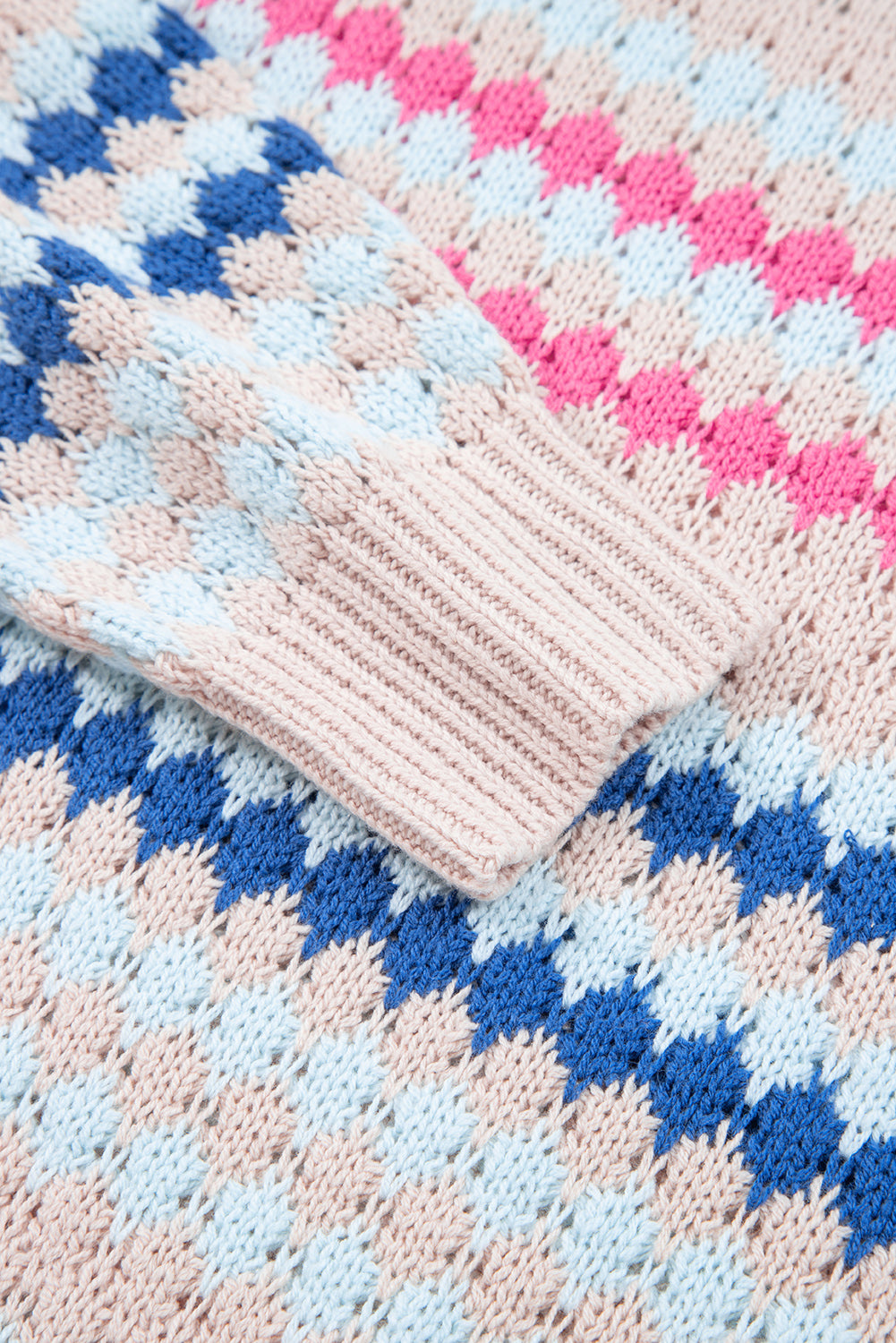 Striped Eyelet Patterned Drop Shoulder Knit Sweater - eAura