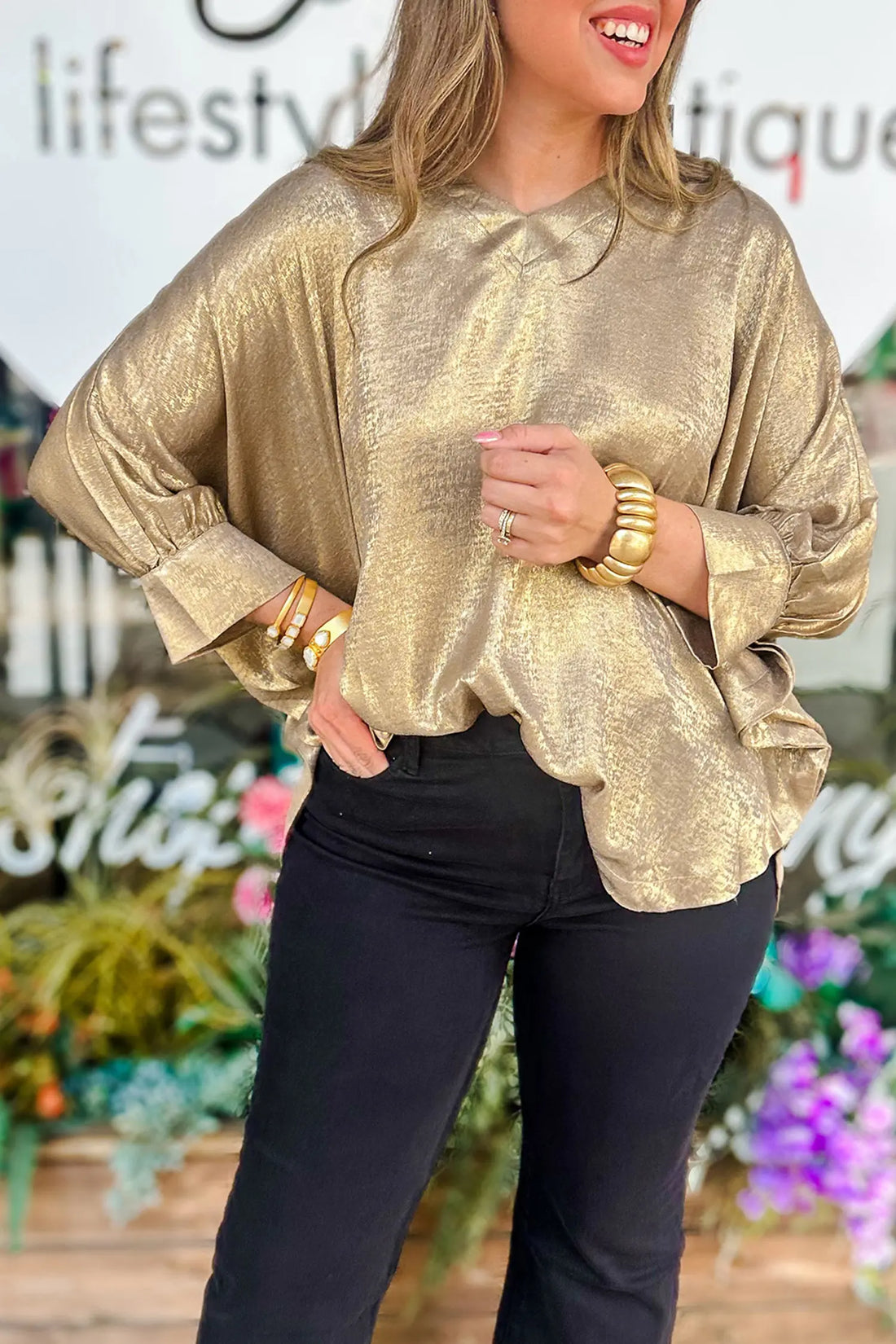 Metallic V Neck Button Cuffed Long Sleeve Dolman Blouse – Parchment