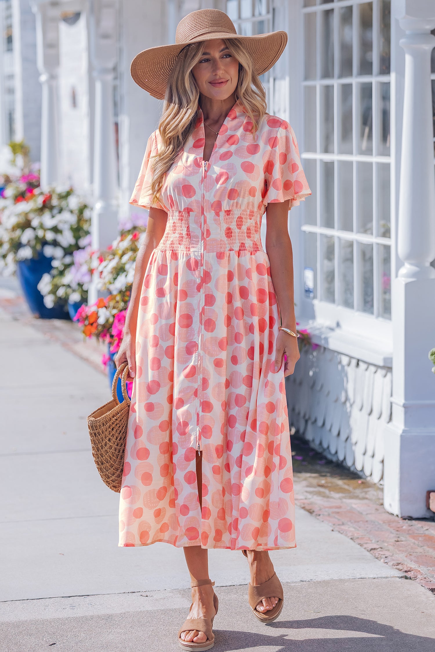 Polka Dot Ruffle Sleeve Zip-Up Maxi Dress