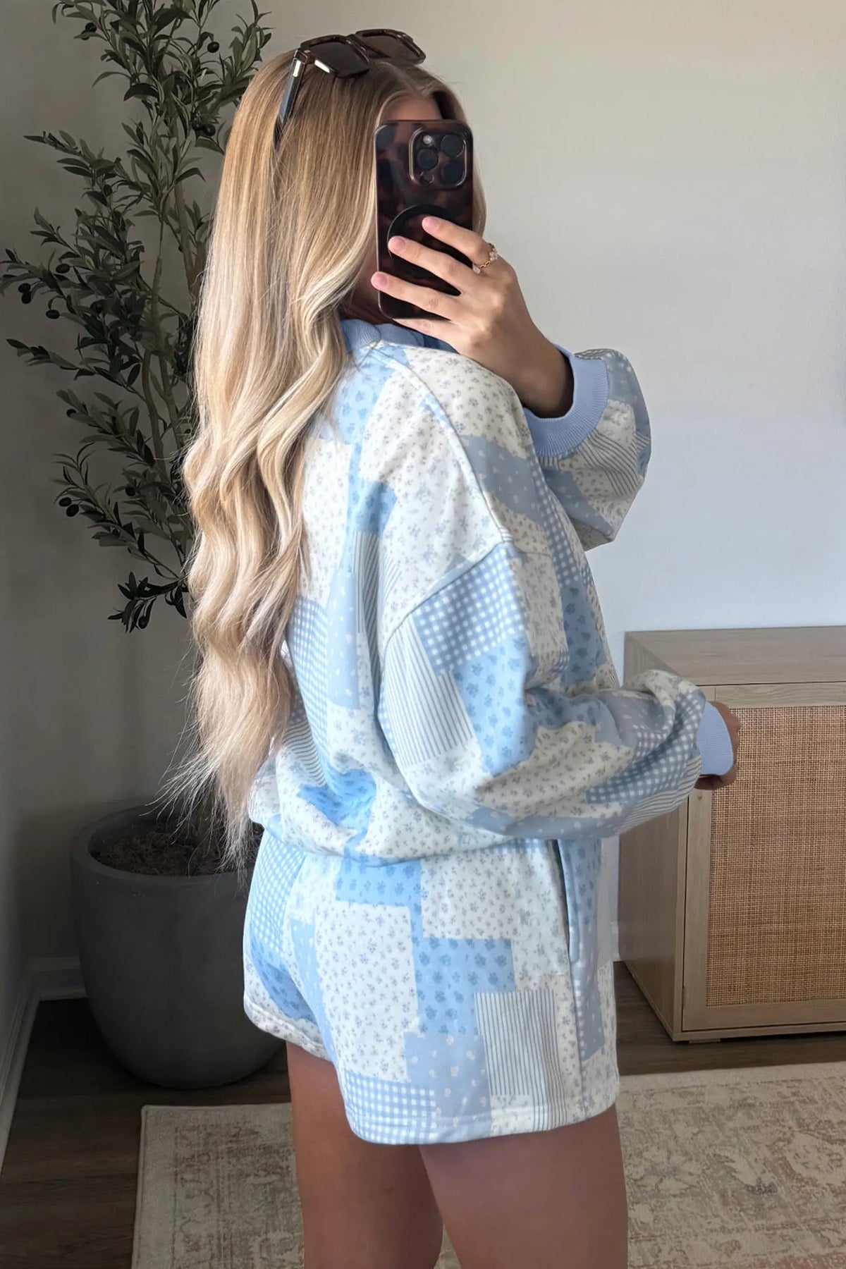 Sky Blue Patchwork Floral Print Drop Shoulder Baggy Pullover Drawstring Shorts Set – Light Blue