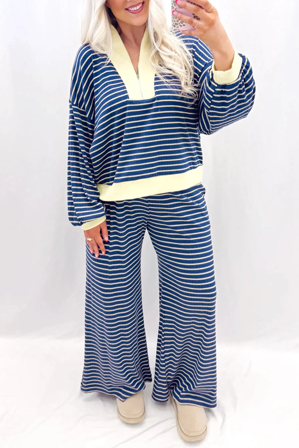 Colour Block Patchwork Zip V Neck Pullover Loose Pants 2pcs Set – Blue Stripe
