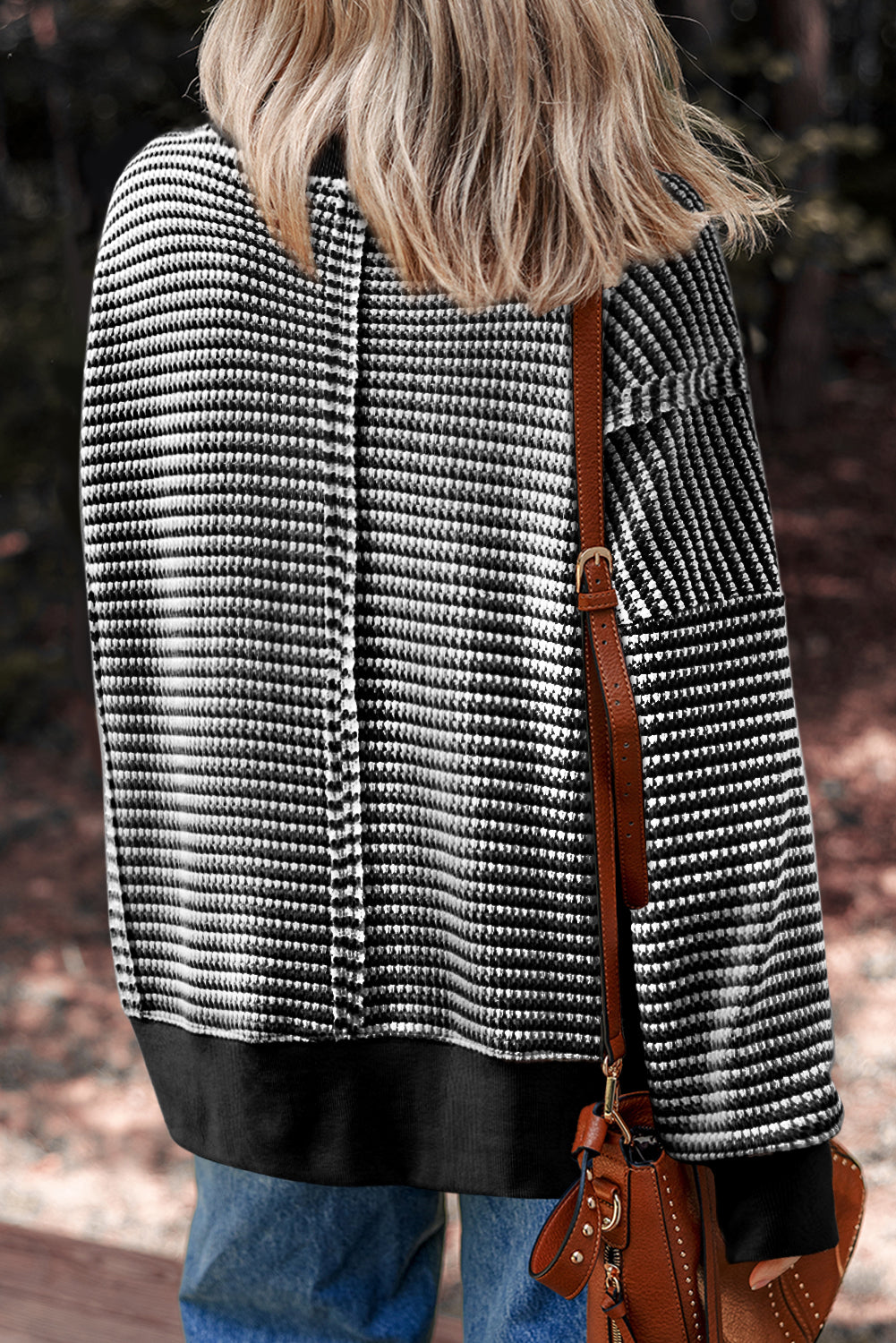 Stripe Ribbed Trim Drop Shoulder Long Sleeve Oversize Top - eAura