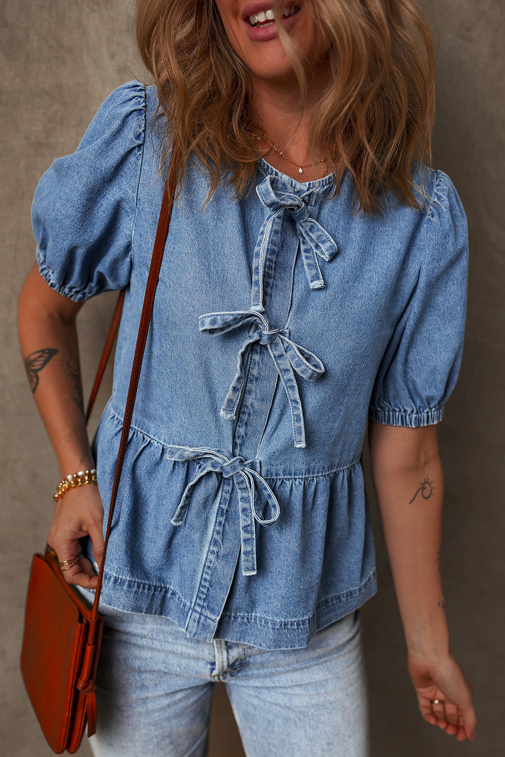 Dusk Blue Tied Front Bubble Sleeve Peplum Denim Shirt eAura