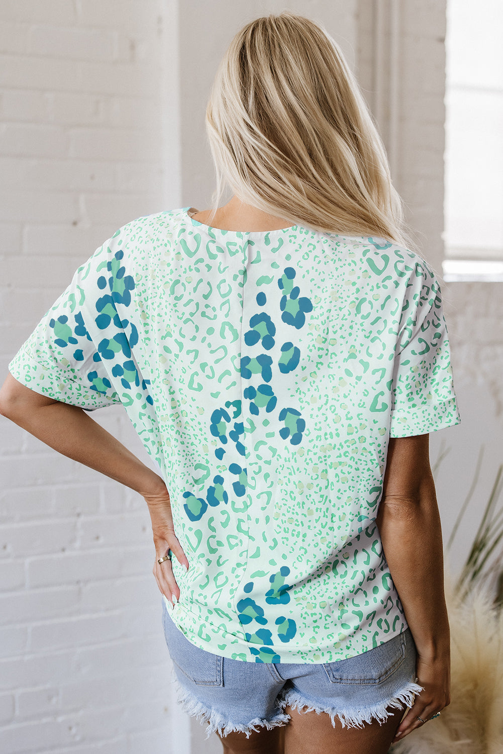 Mixed Leopard Print V Neck Short Sleeve Blouse eAura
