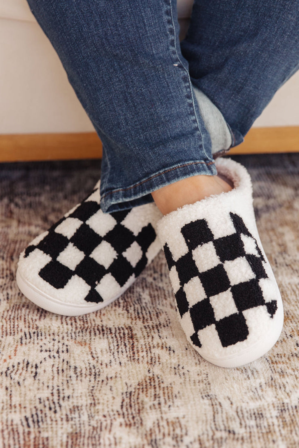 Black Checkered Print Fuzzy Slip On Winter Slippers BB Fashion Outlet