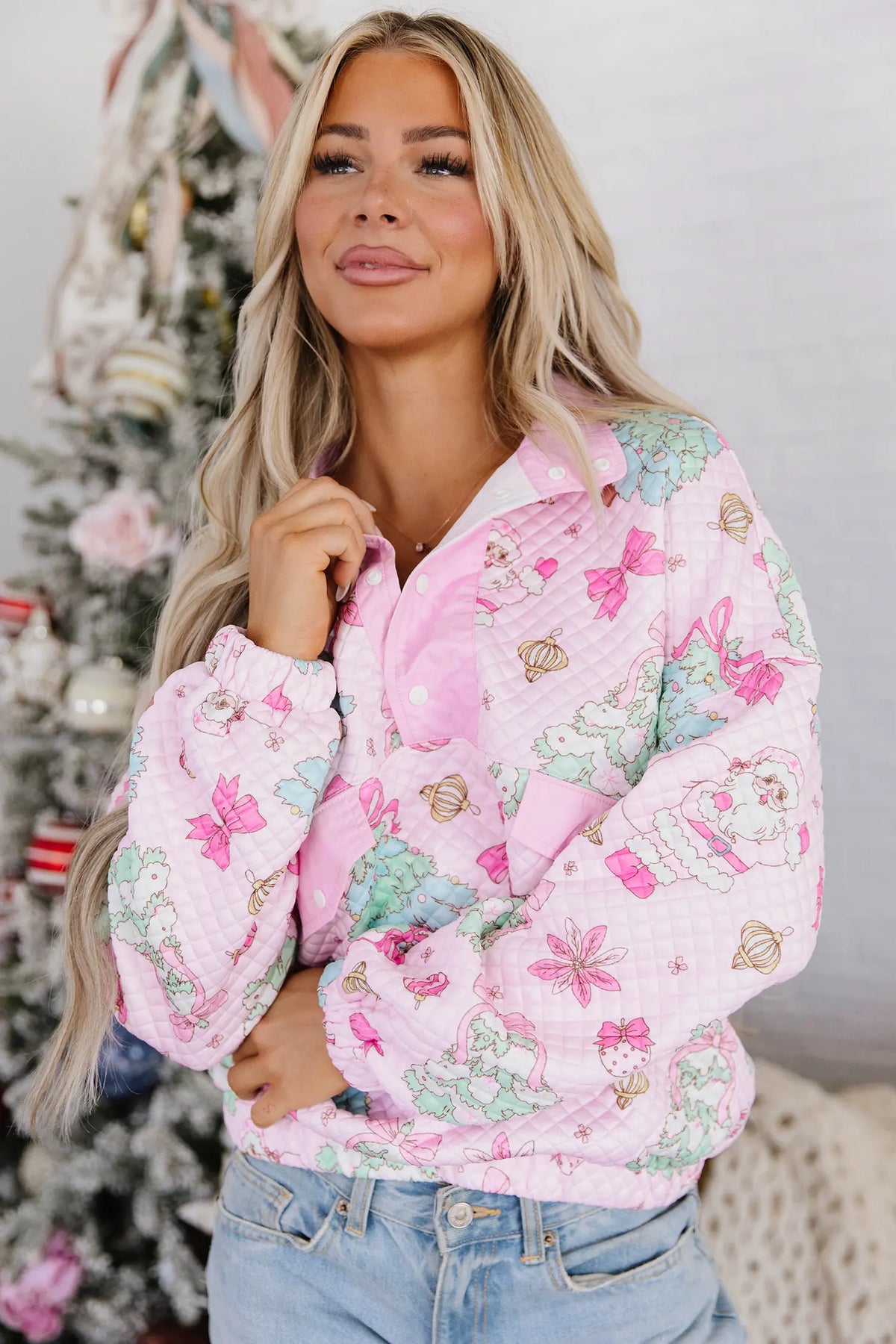 Sweatshirt Quilted Collar Half-Button Loose Christmas Print