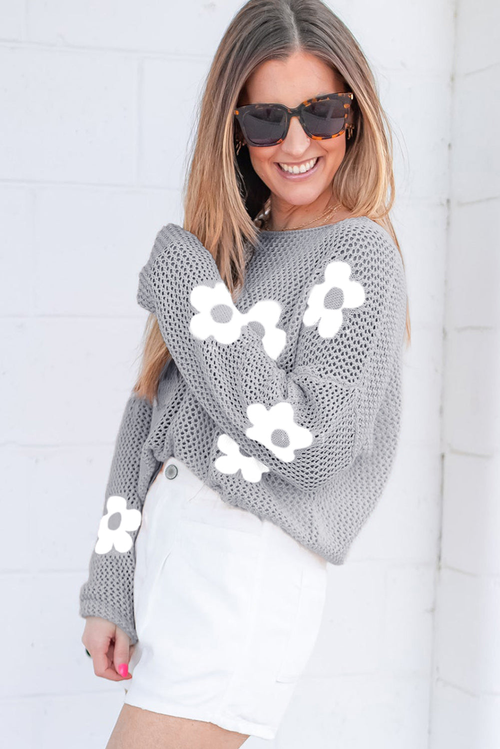 Light Pink Big Flower Hollowed Knit Drop Shoulder Sweater eAura