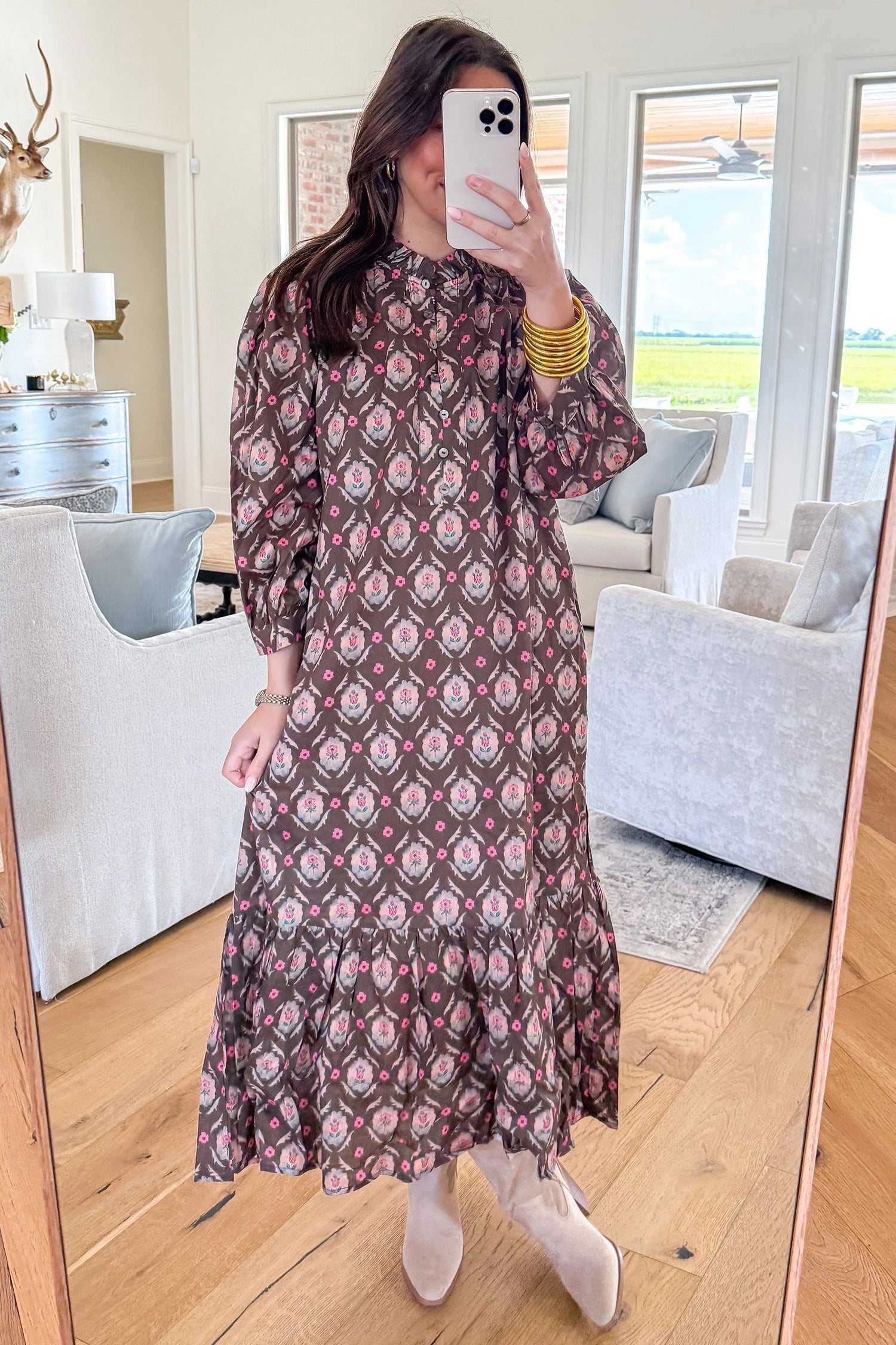 Floral Print Button Front Ruffle Hem Midi Dress – Brown