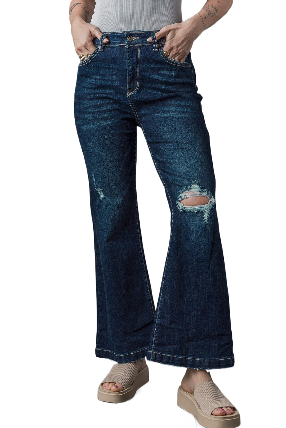 Real Teal High Rise Ripped Bell Bottom Jeans Beagle Boutique Fashion Outlet