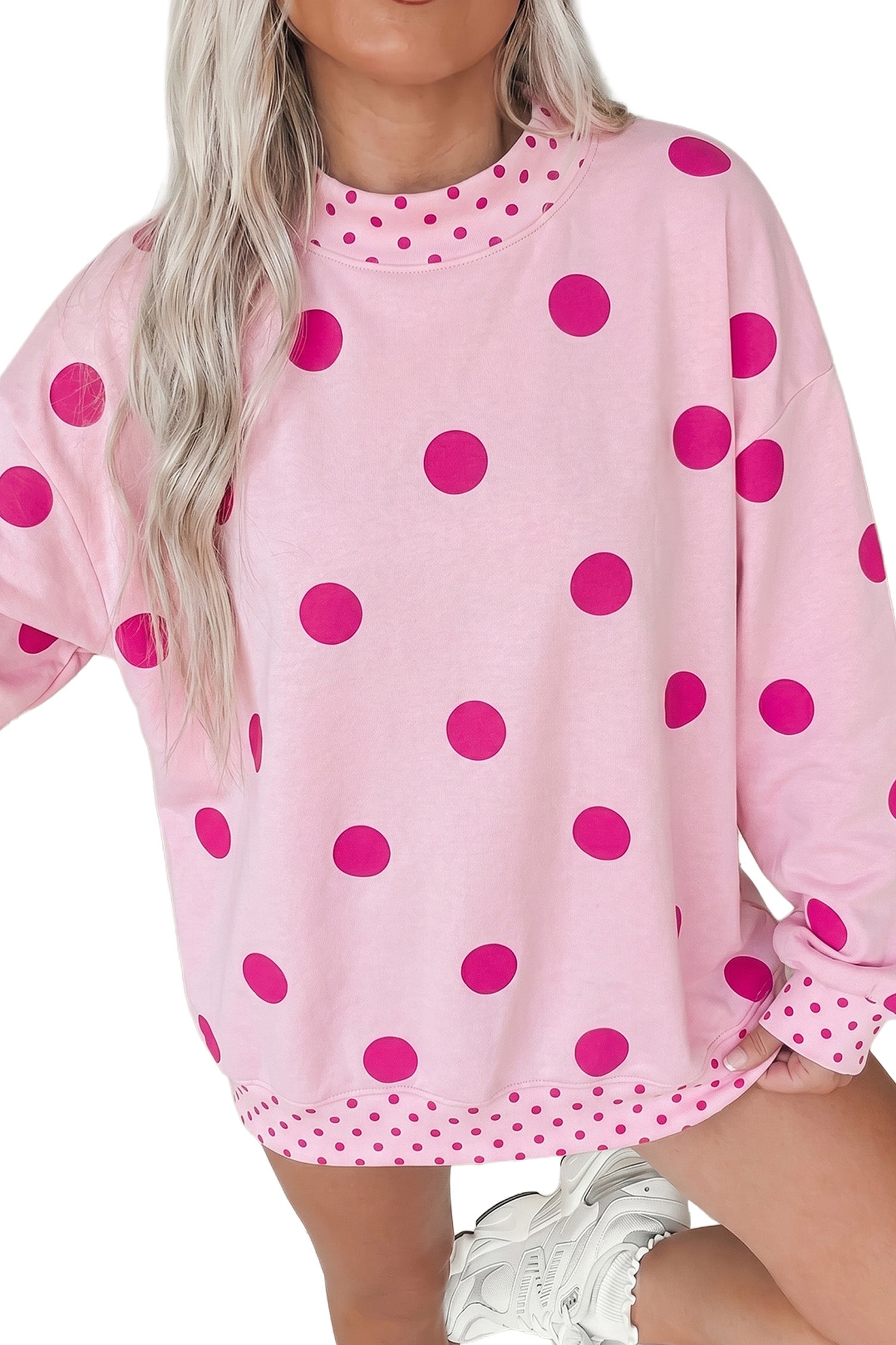 Polka Dot Print Contrast Detail Oversized Tunic Sweatshirt – Pink