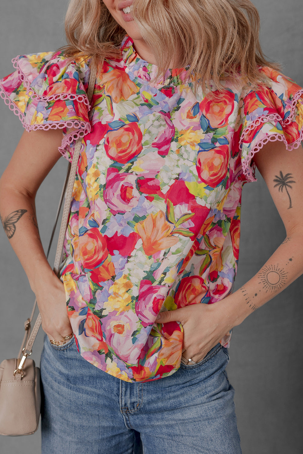 Multicolour Lace Trim Ruffle Short Sleeve Floral Blouse eAura