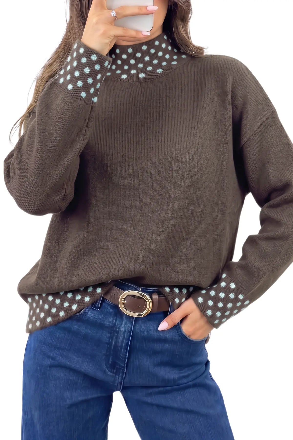 Polka Dot Contrast Mock-Neck Sweater – Coffee & Fiery Red